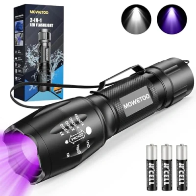 Image of MOWETOO UV Torch LED 2 in 1 Black Light with 4 Modes Waterproof 395nm Super Bright 500lm for Inspection Pet Urine Detecting Camping Including Accessories 3 AAA Batteries, ‎LE 8613d