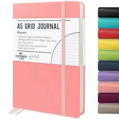 Image of STATIONERY ISLAND A5 Squared Notebook, Graph Paper Notebook with 120gsm Premium Thick Paper, 180 Pages Hardback Grid for Planning, Diary, Journaling