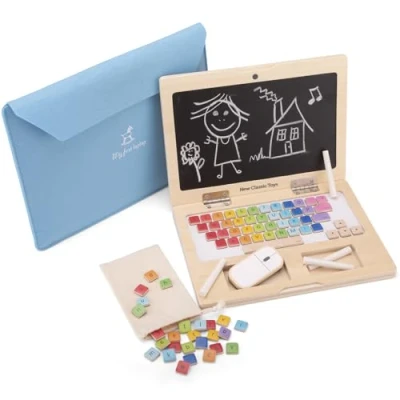 Image of New Classic Toys First Laptop Wooden Educational Toy Includes Magnetic Letters and Numbers, Chalkboard Screen, Felt Case Fun Creative Learning for Kids