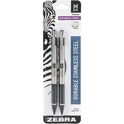 Image of Zebra Pen M 301 Mechanical Pencil, Stainless Steel Barrel, Medium Point, 0.7mm, Black Grip, 2 Pack
