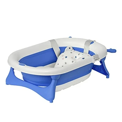 Image of HOMCOM Foldable Baby Bathtub Set, Collapsible Bath Tub with Thermostatic Water Plug, Non Slip Support, Cushion Pad, Drain Plugs, for Newborn to 3 Years Blue