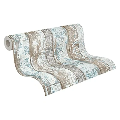 Image of A.S. Creation Bude Flowers &amp; Plants Wood Panel Scrapwood Effect Wallpaper 36119 1 Blue/Brown/Beige/Cream