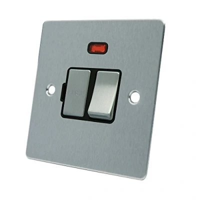 Image of AET FSCSFNBS Satin Chrome Flat Spur w Black Insert Metal Rocker Switch 13 Amp Switched Fused Connection Unit with Neon Indicator, 240 V