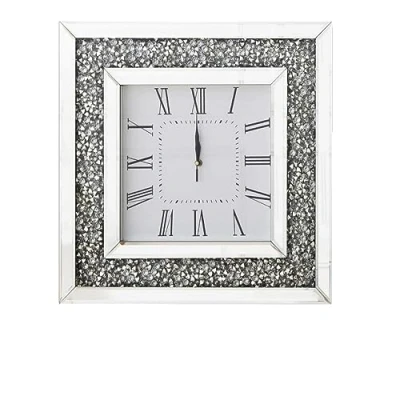 Image of Square Sparkling Loose Diamante Wall Clock Crystal Crushed Diamond Mirror Jewel Roman Numerals 30 x cm Home Office Living Room Bedroom Decor