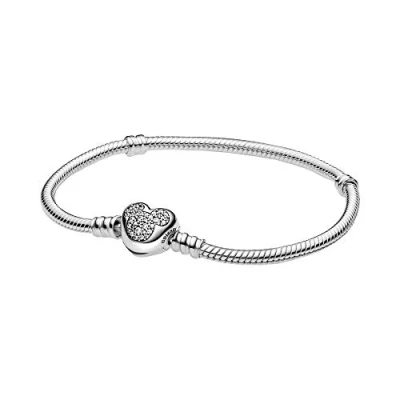 Image of Pandora Disney snake chain sterling silver bracelet with Mickey clasp clear cubic zirconia, 18