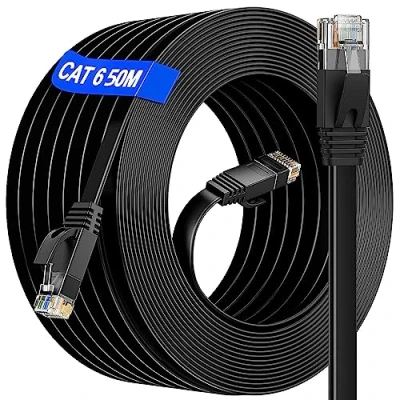 Image of Ethernet Cable 50m Outdoor &amp; Indoor, Long Internet High Speed, Cat 6 LAN 50 meter Flat Anti Interference, For Home/Router/Switch(50 Clips) Faster Than Cat5/Cat 5E/False Cat7