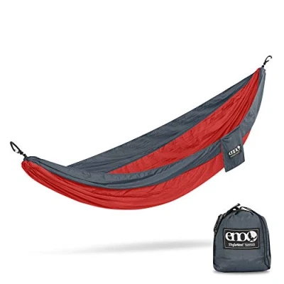 Image of ENO Singlenest Hammock Red Charcoal Soft Breathable Fabric 70 Denier High Tenacity Nylon Taffeta Heavy Duty Triple Stitched Fast Dry Compression Stuffsack Aluminium Wiregate Carabiners Weight 454 g