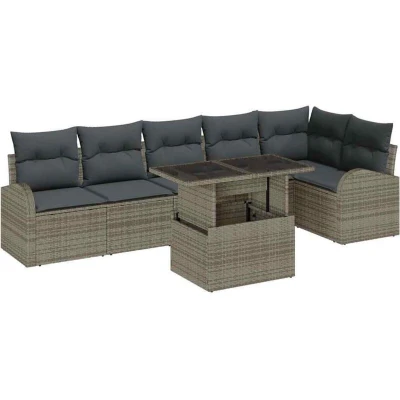 Image of vidaXL 7 Piece Garden Sofa Set with Cushions Grey Poly Rattan