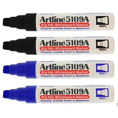 Image of Artline 5109A Big Nib 10mm Dry Erase Extra Thick Whiteboard Markers, 4 Markers (2 Black, 2 Blue)