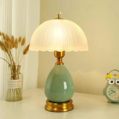 Image of GUANSHAN Retro Ceramic Table Lamp Pastoral Rural Nostalgic Glass Light Atmosphere Lighting Bedside Night Decoration for Bedroom, Living Room