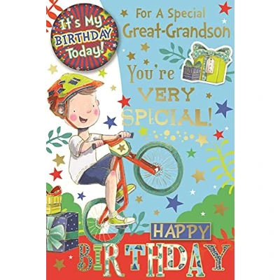 Image of Great Grandson Birthday Card &amp; Badge Little Boy on Bike Gifts Gold Foil 9x6&quot;