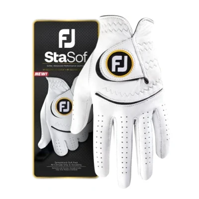 Image of FootJoy Men&#039;s StaSof Golf Glove, White, Medium/Large, Worn on Left Hand