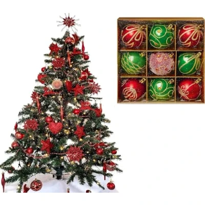 Image of UKDD® Set of 9 Premium Baubles Luxury Christmas Tree Bauble Decorations Matte, Glitter, shiny (Red &amp; Green)
