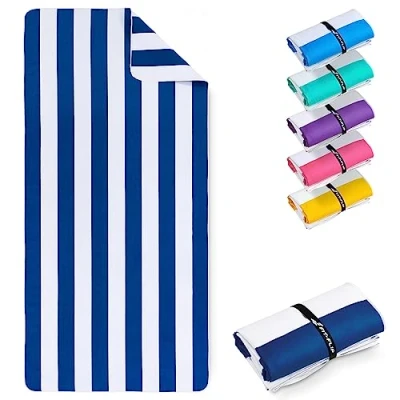 Image of Fit Flip microfibre beach towel large lightweight, compact and super absorbent sand free quick dry towel, 100% recycled travel white navy blue stripes 200x90cm