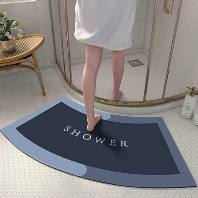 Image of EUPXRHY Quadrant Curved Bath Mat, Strong Absorbent Shower Rug, Soft and Comfy Corner Bathroom Washable Mat with Non Slip Bottom for Circular Shower,Blue,40x75CM