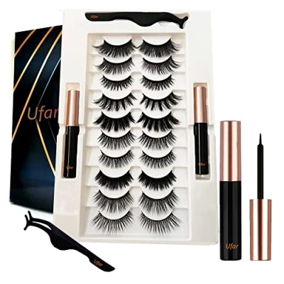 Image of 3D 6D Magnetic Eyelashes Natural Look [ NO Glue Needed ] 10 Pairs Reusable False with Eyeliner, Eyeliner and Lashes Applicator