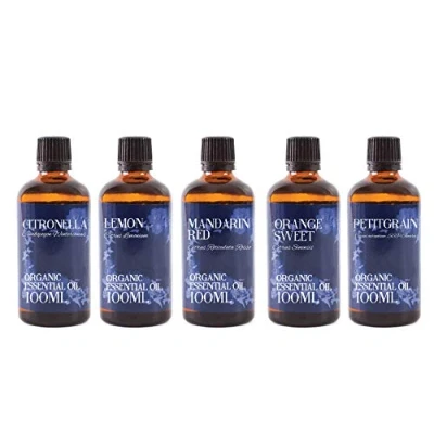 Image of Mystic Moments Citrus Organic Essential Oil Gift Starter Pack 5x100ml Citronella, Lemon, Mandarin Red, Orange Sweet, Petitgrain Perfect as a
