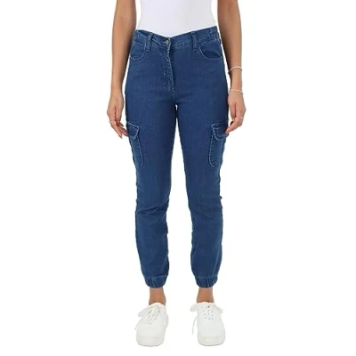 Image of Womens Side Elasticed Waist Jeans Ladies Cargo Self Cuffed Regular Fit Denim Trousers Mid Blue 16