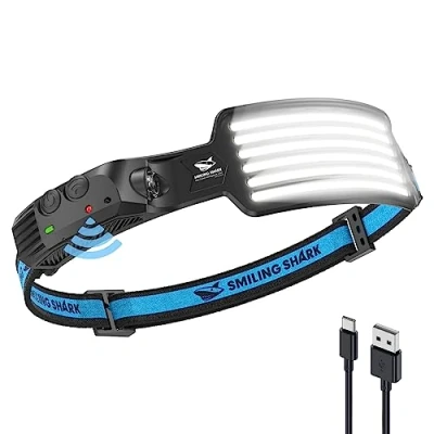Image of Smiling Shark Rechargeable Headlamp, 230Wide Angle 6*White Light The Brightest LED Head Lamp with Motion Sensor Waterproof Headlight for Camping Hiking Outdoor, Frontale