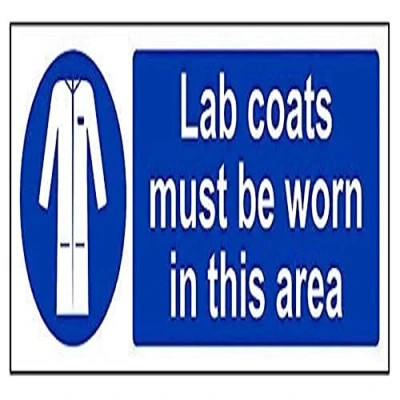 Image of V Safety Lab Coats Must Be Worn In This Area PPE Sign 300mm x 100mm 1mm Rigid Plastic