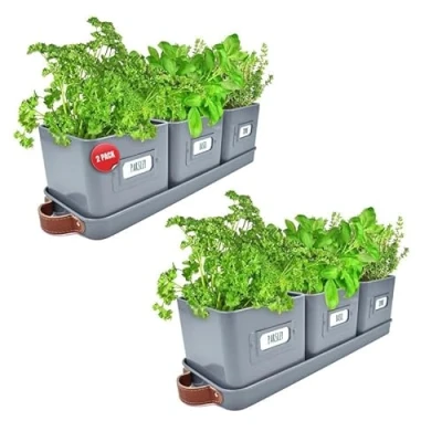 Image of Green Thumbz Herb Pots for Kitchen Windowsill 2 Pack Charcoal Grey Planter Indoor with Leather Handled Tray Ideal an Garden, Plants and Flowers Labels Included