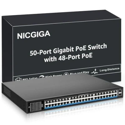 Image of 48 Port Gigabit PoE Switch Unmanaged with IEEE802.3af/at PoE+@400W, 2 x 1G SFP, NICGIGA 50 Network Power Over Ethernet Switch, Desktop/Rackmount…
