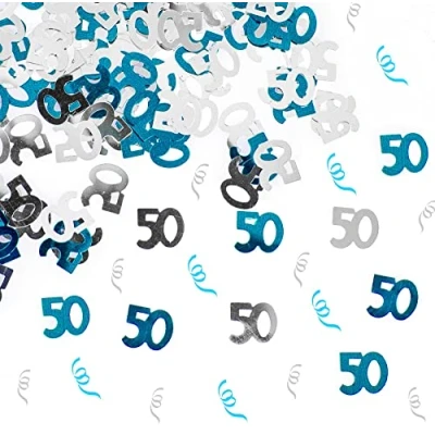 Image of SHATCHI 28g Blue &amp; Silver 50th Birthday Confetti Foil Metallic Glitz Table Scatter Sprinkles Age Bday Party Decorations, 12mm
