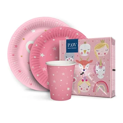 Image of PAW Party Tableware Set I 20 People, 80 Elements Dishes x Paper Napkins, 40 Plates, Cups Disposable Animals, Princess, Pink (Magical Friends)