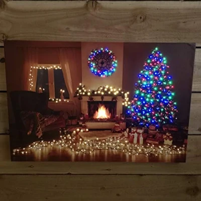 Image of Snowtime Battery Operated Fibre Optic LED 60x40cm Festive Room With Fire &amp; Tree Canvas