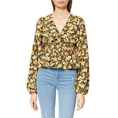 Image of NA KD Women&#039;s Smocked Waist Blouse, Orange Flower, 12 UK