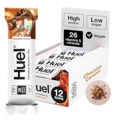 Image of Huel Complete Nutrition Bar, 12 x 55g Bars, Chocolate Caramel, High Protein Plant Based Low Sugar, Fibre, Snack with Vegan Chocolate, Under 200 Calories