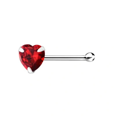 Image of The Goldmine 925 Sterling Silver Nose Stud with 3mm CZ Heart, short Ball Shape End Pin (Red)