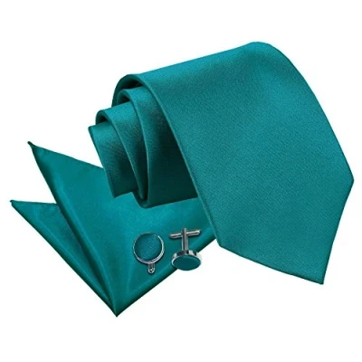 Image of DQT Men Plain Satin 9cm Wide Tie + Pocket Square &amp; Cufflinks Set Teal