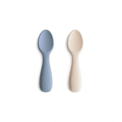 Image of Mushie Baby Starter Spoons BPA Free Silicone Learning 2 Pack Dishwasher Safe Durable Toddler Utensils Tradewinds/Shifting Sand