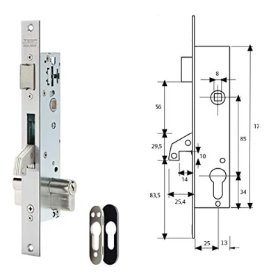 Image of Tesa Assa Abloy 2240253 Ni Lock for Metal Profiles, Tilt Lever Hook Reinforced, Input 25 mm, Stainless Steel