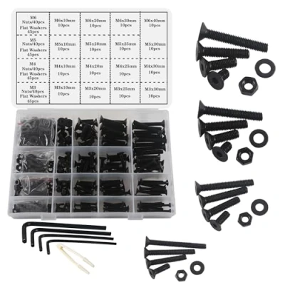 Image of huruirui Nuts and Bolts Washers Assorted Set,M3 M4 M5 M6 Black Hex Flat Head Screws Kit 500pcs, Thread Machine Bolt Set Fastener Repair Tools Assortment with 4 Wrench