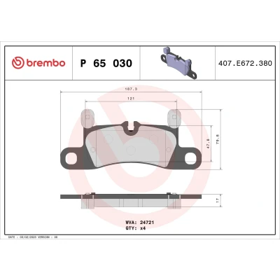 Image of 7P5698451 Brake pad set BREMBO P 65 030 prepared for wear indicator without accessories, with counterweights PORSCHE: Cayenne