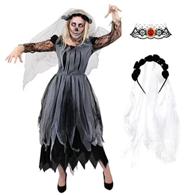 Image of Ladies Ghost Bride Halloween Fancy Dress Small Black Corpse Wedding Perfect for or Any Party