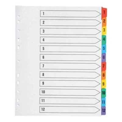 Image of indigo® Dividers, A4, Index Multipunched Mylar Reinforced Multicolour Tabs White (1 12, Pack of 10)