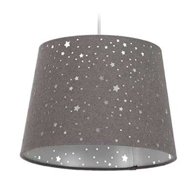 Image of Relaxdays Children’s Hanging Lamp with Star Design, Kids’ Ceiling Light, Round Fabric Lampshade, Grey, Iron
