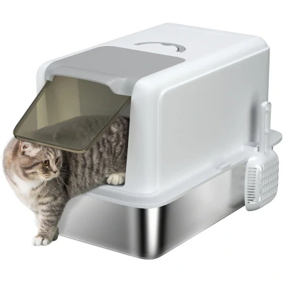 Image of PawHut Stainless Steel Cat Litter Box, Extra Large Metal Tray with Lid, Box Enclosure Scoop, Filter Bags, for Larger Cats, Easy to Clean &amp; Never Absorbs Odors, White