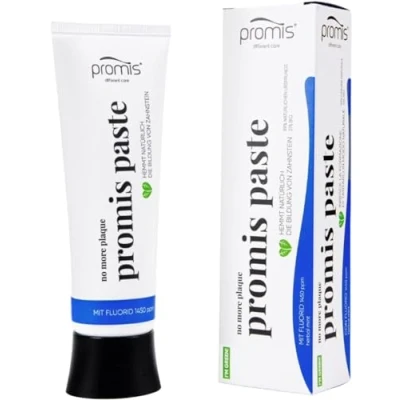 Image of promis Paste Natural Anti Plaque Toothpaste with 1450 PPM Fluoride 99% Organic Ecocert Cosmos Label Vegan Sustainable Sugar Cane Tube Recycled Packaging