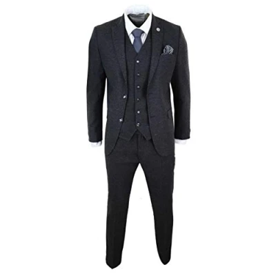 Image of Mens Wool Tweed Suit 3 Piece Authentic 1920s Tailored Fit Classic Black