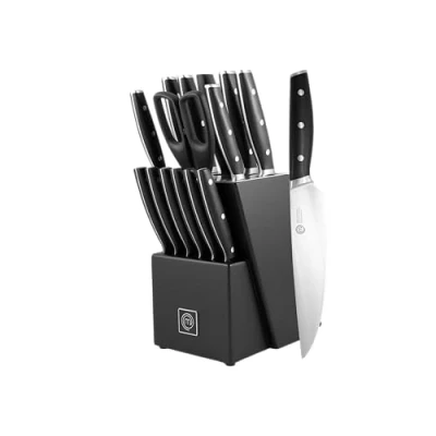 Image of MasterChef Kitchen Knife Set with Block and Sharpener Plus Scissors, 15pc Chef of Professional Grade Knives Sharpened High Carbon Stainless Steel Blades &amp; Triple Riveted Handles