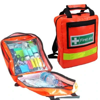 Image of EVAQ8 British Standard Compliant First Response Aid Kit in a Outdoor High Visibility Orange Rucksack Includes an Accident Book