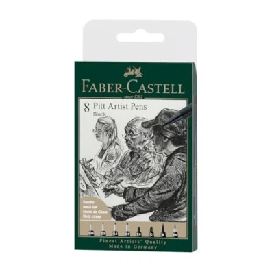 Image of Faber Castell Art &amp; Graphic Pitt Artist Pen India Ink Pen, Black, Wallet Of 8, For Art, Craft, Drawing, Sketching, Home, School, University, Colouring