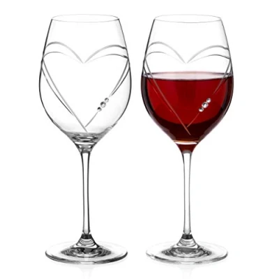 Image of DIAMANTE Swarovski Red Wine Glasses Pair ‘Hearts’ Collection Crystal Goblets Set of 2
