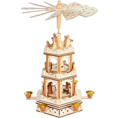 Image of BRUBAKER Christmas Pyramid 3 Tier Rotating Wooden Decoration with Levels and Stars Wings Made of Wood 45 cm Height Hand Painted Figures Natural Brown