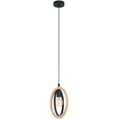 Image of Eglo Pendant lamp Basildon, 1 Light Hanging Vintage, Industrial, Retro, Made of Steel and Wood in Black, Natural, Dining Table lamp, Living Room with E27 Socket