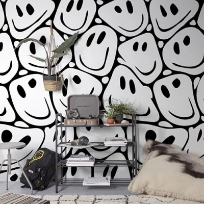 Image of Grandeco ML3101 Non Woven Mural Wallpaper Abstract Distorted Smileys Dots Black White